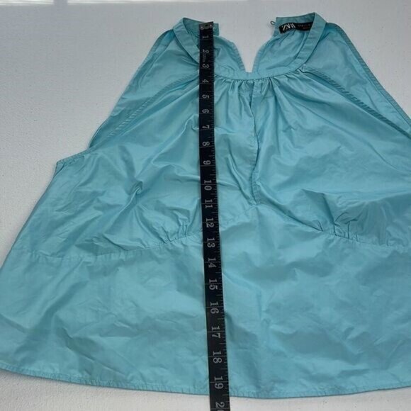 Zara Halter Top Powder Blue Tie-Back Bow Panel Fitted Sleeveless Keyhole Blouse - Picture 10 of 13